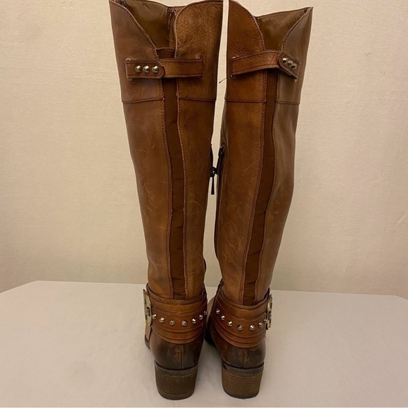 Vince Camuto 6.5 Leather Knee Boots Brown Harness Women’s Zippers Logo